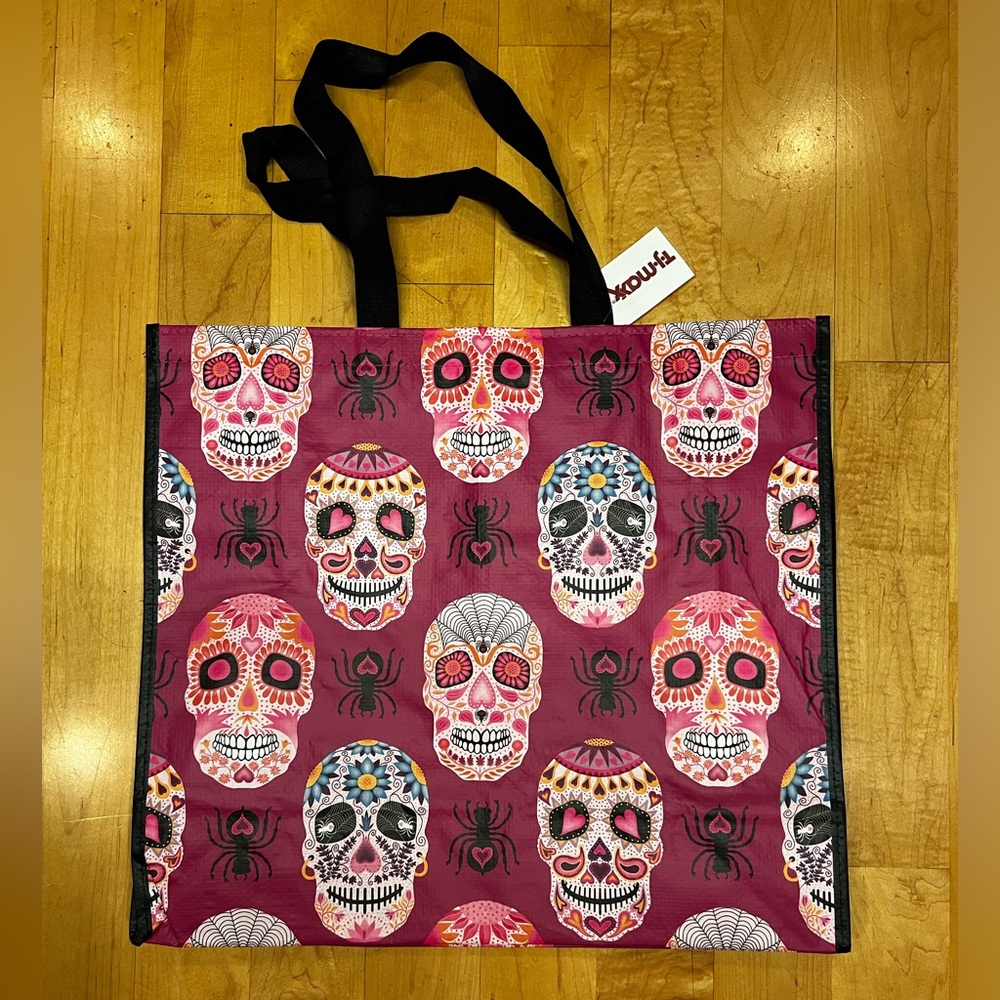 Sugar Skulls & Spiders Day of the Dead Large Reusable Shopping Bag NWT 💀